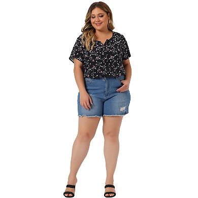 Women's Plus Size Summer Tops Floral Half Placket Short Sleeve Casual Blouses