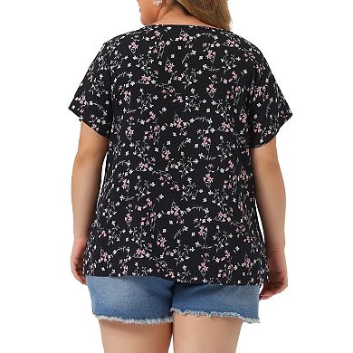 Women's Plus Blouse Floral Half Placket Short Sleeve Casual Tops