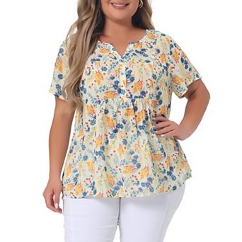 Women's Plus Size Summer Top Floral Half Placket Short Sleeve Casual Blouse