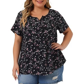Women's Plus Size Summer Top Floral Half Placket Short Sleeve Casual Blouse