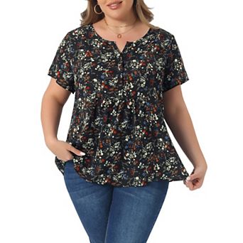 Women's Plus Size Summer Top Floral Half Placket Short Sleeve Casual Blouse
