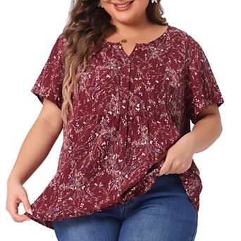 Women's Plus Size Summer Top Floral Half Placket Short Sleeve Casual Blouse