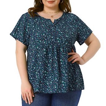 Women's Plus Size Summer Top Floral Half Placket Short Sleeve Casual Blouse