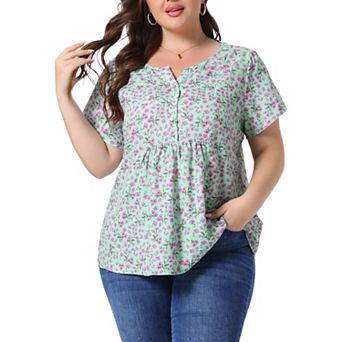 Women's Plus Size Summer Top Floral Half Placket Short Sleeve Casual Blouse