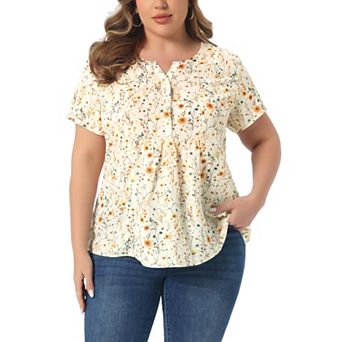 Women's Plus Size Summer Top Floral Half Placket Short Sleeve Casual Blouse