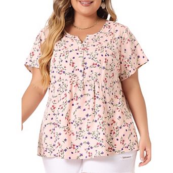 Women's Plus Size Summer Top Floral Half Placket Short Sleeve Casual Blouse