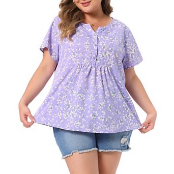 Women's Plus Size Summer Top Floral Half Placket Short Sleeve Casual Blouse