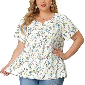 Women's Plus Size Summer Top Floral Half Placket Short Sleeve Casual Blouse
