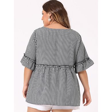 Women's Plus Size Blouse Short Sleeve Sweetheart Neck Plaid Peplum Top