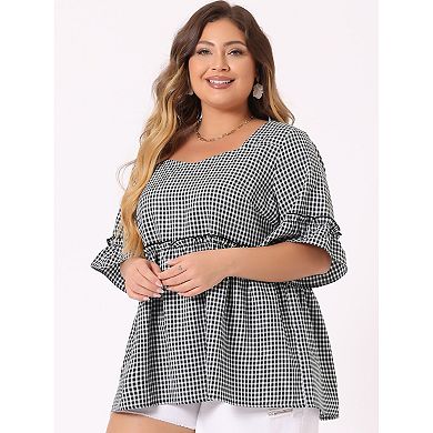 Women's Plus Size Blouse Short Sleeve Sweetheart Neck Plaid Peplum Top