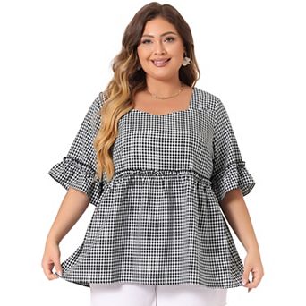 Women's Plus Size Blouse Short Sleeve Sweetheart Neck Plaid Peplum Top