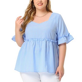 Women's Plus Size Blouse Short Sleeve Sweetheart Neck Plaid Peplum Top