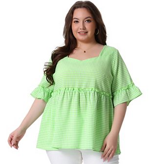 Women's Plus Size Blouse Short Sleeve Sweetheart Neck Plaid Peplum Top
