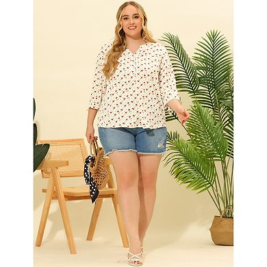 Women's Plus Size V Neck Floral Botton Up Tie 3/4 Sleeve Tunic Top