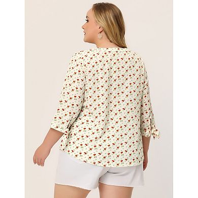 Women's Plus Size V Neck Floral Botton Up Tie 3/4 Sleeve Tunic Top