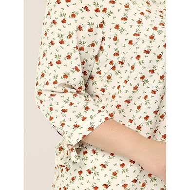 Women's Plus Size V Neck Floral Botton Up Tie 3/4 Sleeve Tunic Top