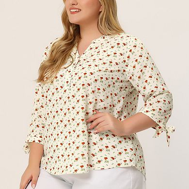 Women's Plus Size V Neck Floral Botton Up Tie 3/4 Sleeve Tunic Top