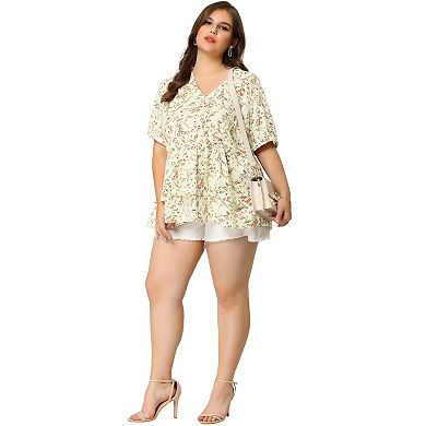Women's Plus Blouse Floral Layered Flare Hem Casual Peplum Tops