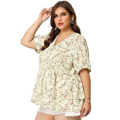 Women's Plus Blouse Floral Layered Flare Hem Casual Peplum Tops