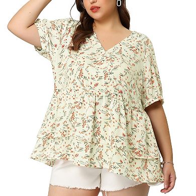 Women's Plus Blouse Floral Layered Flare Hem Casual Peplum Tops