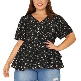 Women's Plus Blouse Floral Layered Flare Hem Casual Peplum Tops