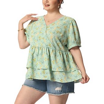 Women's Plus Blouse Floral Layered Flare Hem Casual Peplum Tops