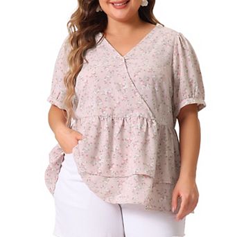 Women's Plus Blouse Floral Layered Flare Hem Casual Peplum Tops