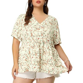 Women's Plus Blouse Floral Layered Flare Hem Casual Peplum Tops
