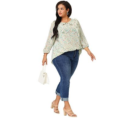 Women's Plus Chiffon Top Short Sleeve Floral Tie Neck Tops