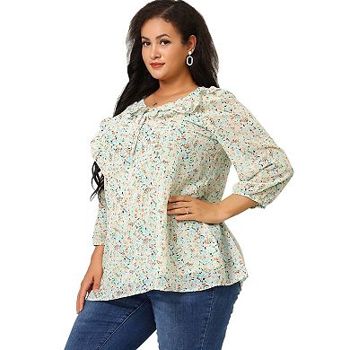 Women's Plus Chiffon Top Short Sleeve Floral Tie Neck Tops