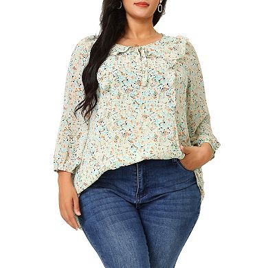 Women's Plus Chiffon Top Short Sleeve Floral Tie Neck Tops