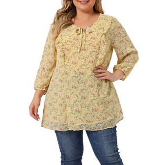 Women's Plus Chiffon Top Short Sleeve Floral Tie Neck Tops