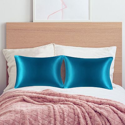 Piccocasa Luxury Satin Skin Zipper Closure Pillowcases 2 Pcs Peacock Blue 20 x26