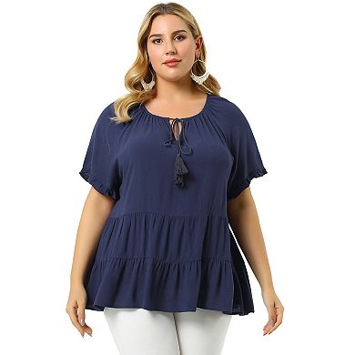 Women's Plus Size Peplum Tassel Tie Neck Short Sleeve Babydoll Top