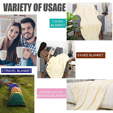 Flannel Fleece Blanket With Pompom Fringe Solid Microfiber Plush Decorative Blankets Throw 50"x60"