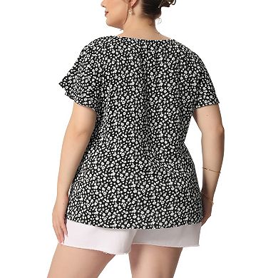 Women's Plus Size Retro Ditsy Floral Short Sleeve Round Neck Blouse