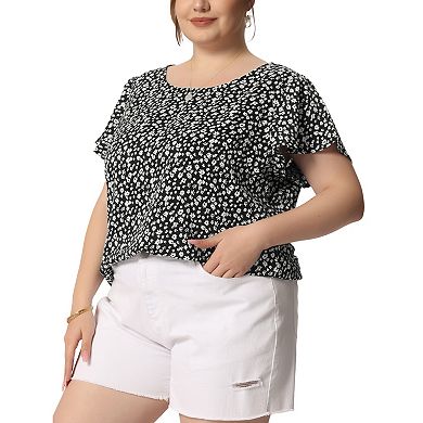 Women's Plus Size Retro Ditsy Floral Short Sleeve Round Neck Blouse