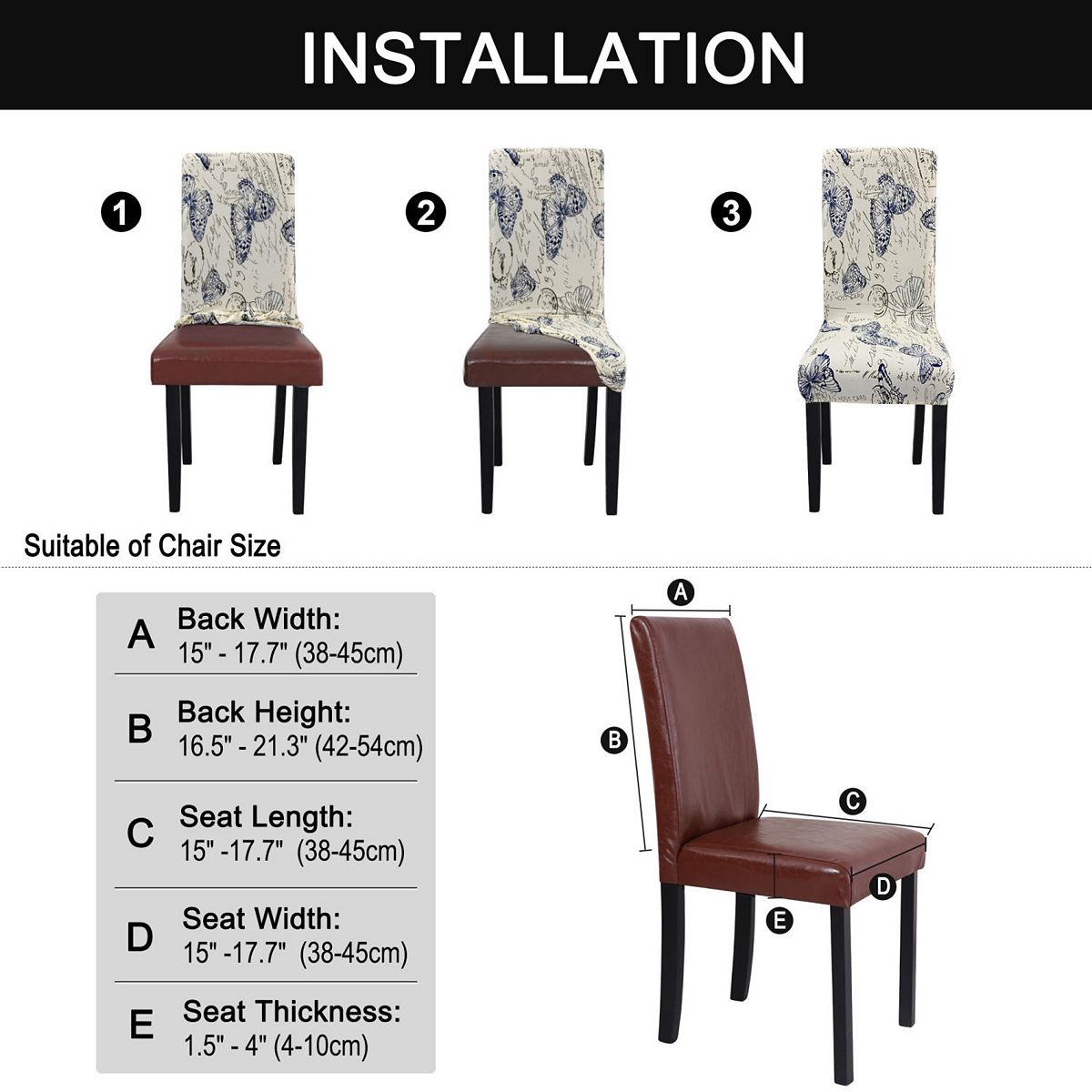 Chair cover installation guide with back and seat measurements