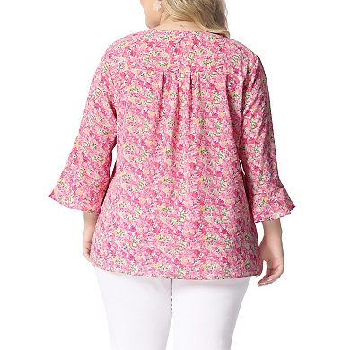 Women's Plus Size Pleated 3/4 Sleeves V Neck Floral Blouse