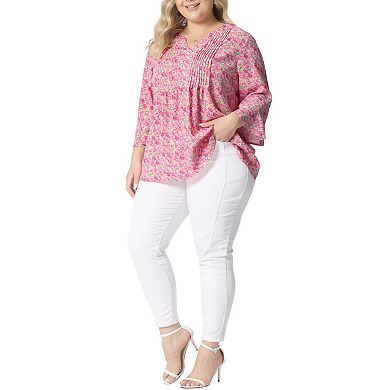 Women's Plus Size Pleated 3/4 Sleeves V Neck Floral Blouse