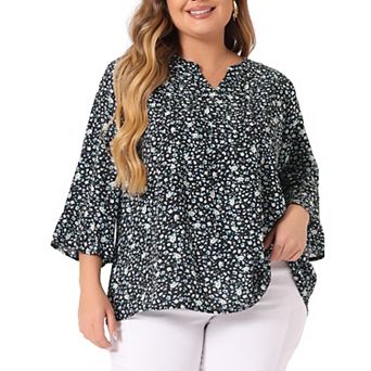 Women's Plus Size Pleated 3/4 Sleeves V Neck Floral Blouse
