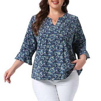 Women's Plus Size Pleated 3/4 Sleeves V Neck Floral Blouse