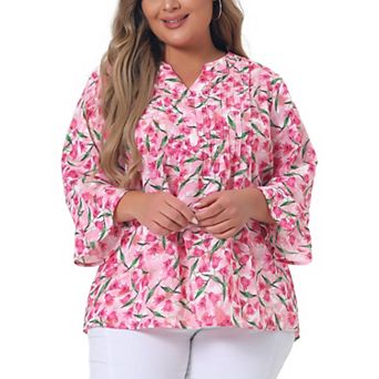 Women's Plus Size Pleated 3/4 Sleeves V Neck Floral Blouse