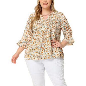 Women's Plus Size Pleated 3/4 Sleeves V Neck Floral Blouse