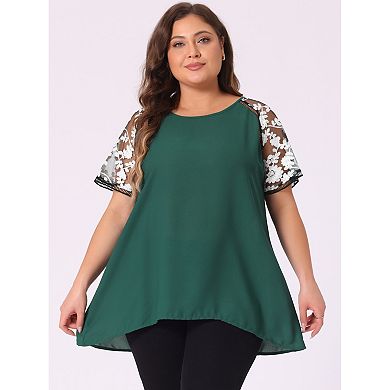 Women's Plus Size Summer Sheer Mesh Panel Short Sleeves Blouse