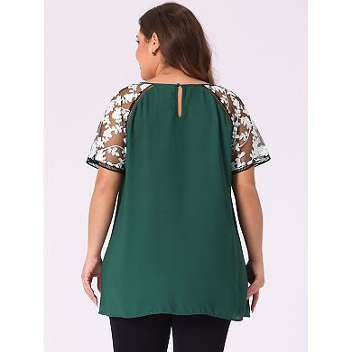 Women's Plus Size Summer Sheer Mesh Panel Short Sleeves Blouse
