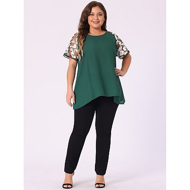 Women's Plus Size Summer Sheer Mesh Panel Short Sleeves Blouse