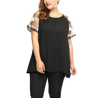 Women's Plus Size Summer Sheer Mesh Panel Short Sleeves Blouse