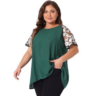Women's Plus Size Summer Sheer Mesh Panel Short Sleeves Blouse