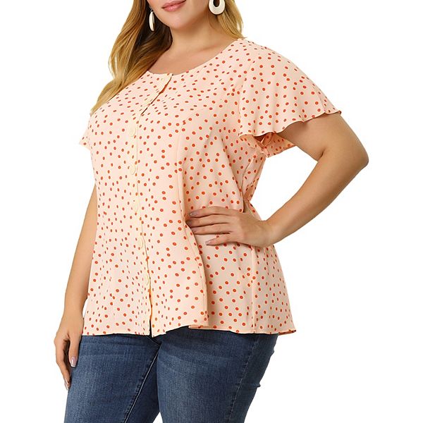 Women's Plus Size Short Sleeve Button Front Cute Polka Dots Shirt